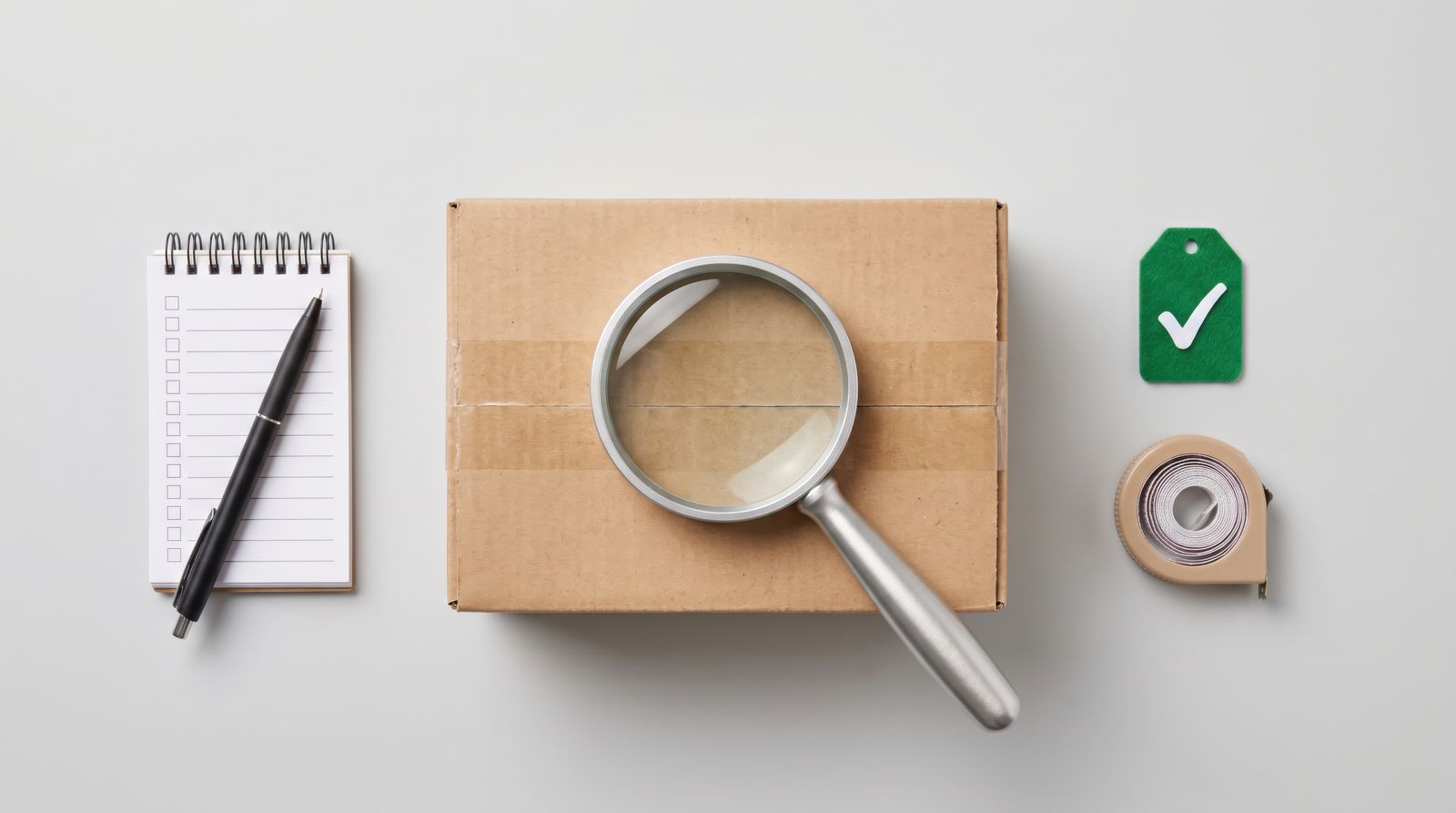 Magnifying glass over a taped cardboard box, next to a notepad, a pen and a green tick tag